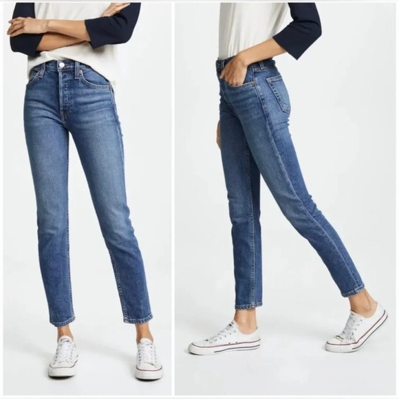 Re/Done 90's High Rise Ankle Crop Blue Jeans in Mid 70s Color Size 28 - Picture 2 of 12